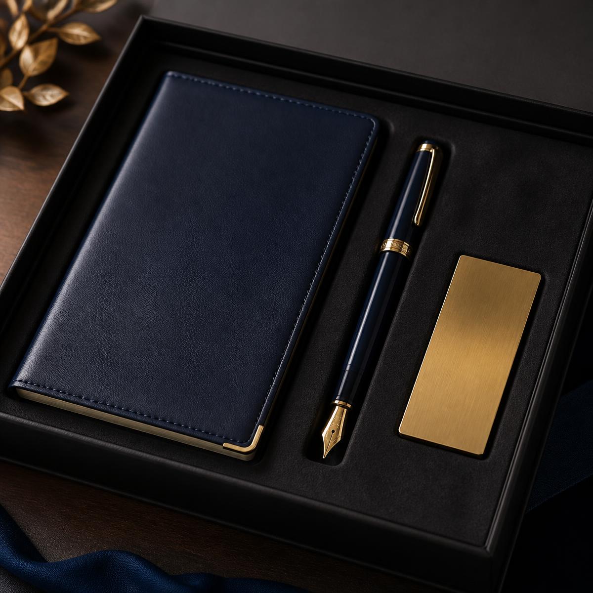 Premium navy and gold corporate gift set with notebook and pen.