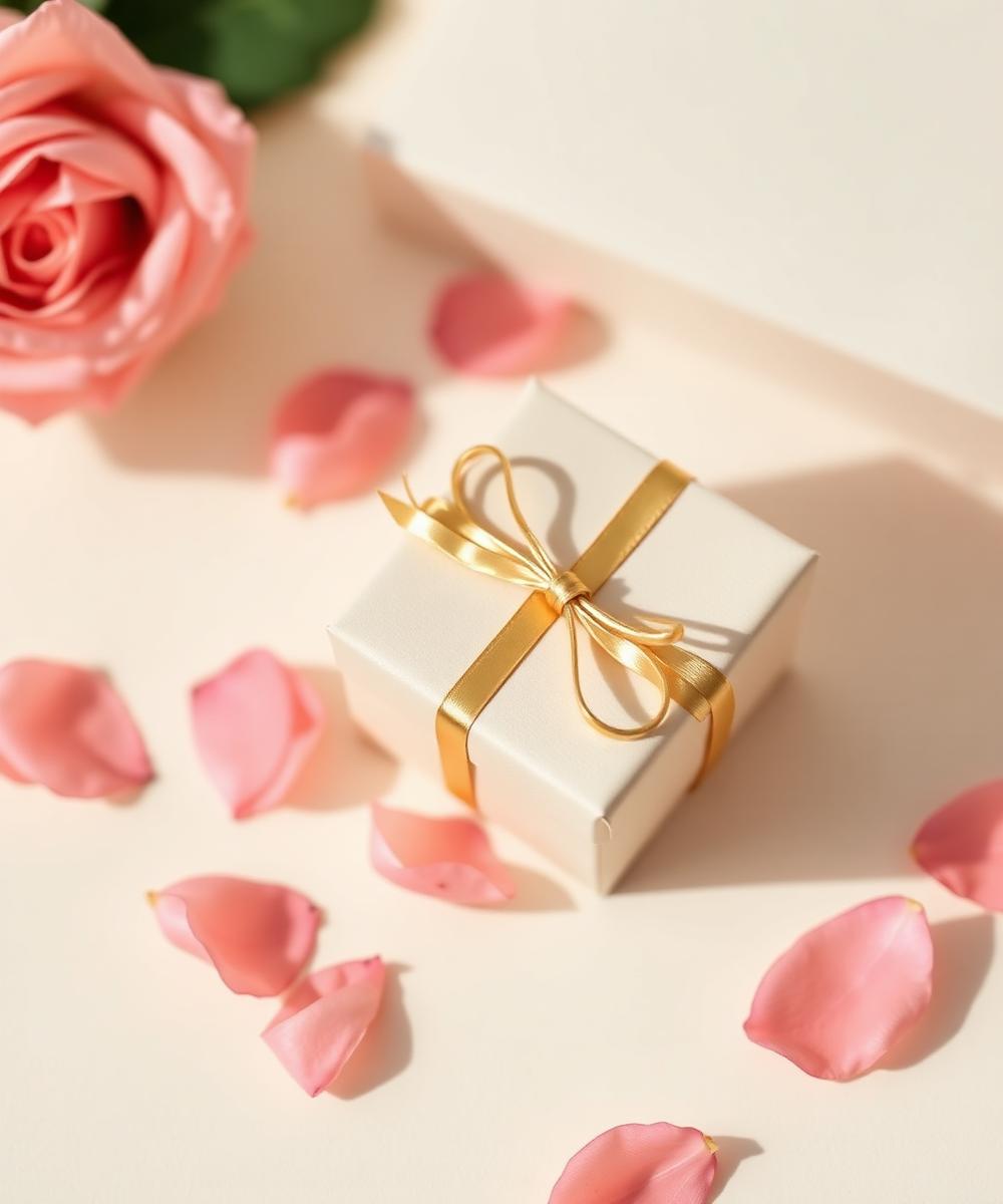 Small jewelry gift box with rose petals.