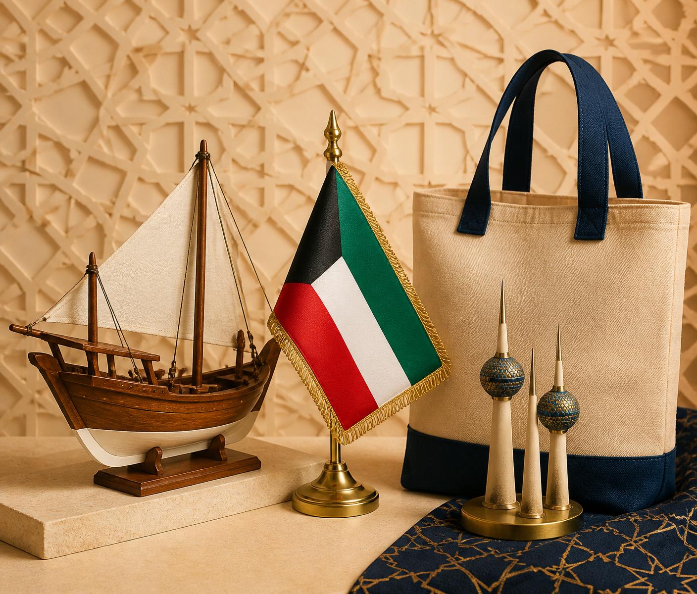 Kuwaiti heritage gift display with a wooden dhow, Kuwait flag and brass Kuwait towers.