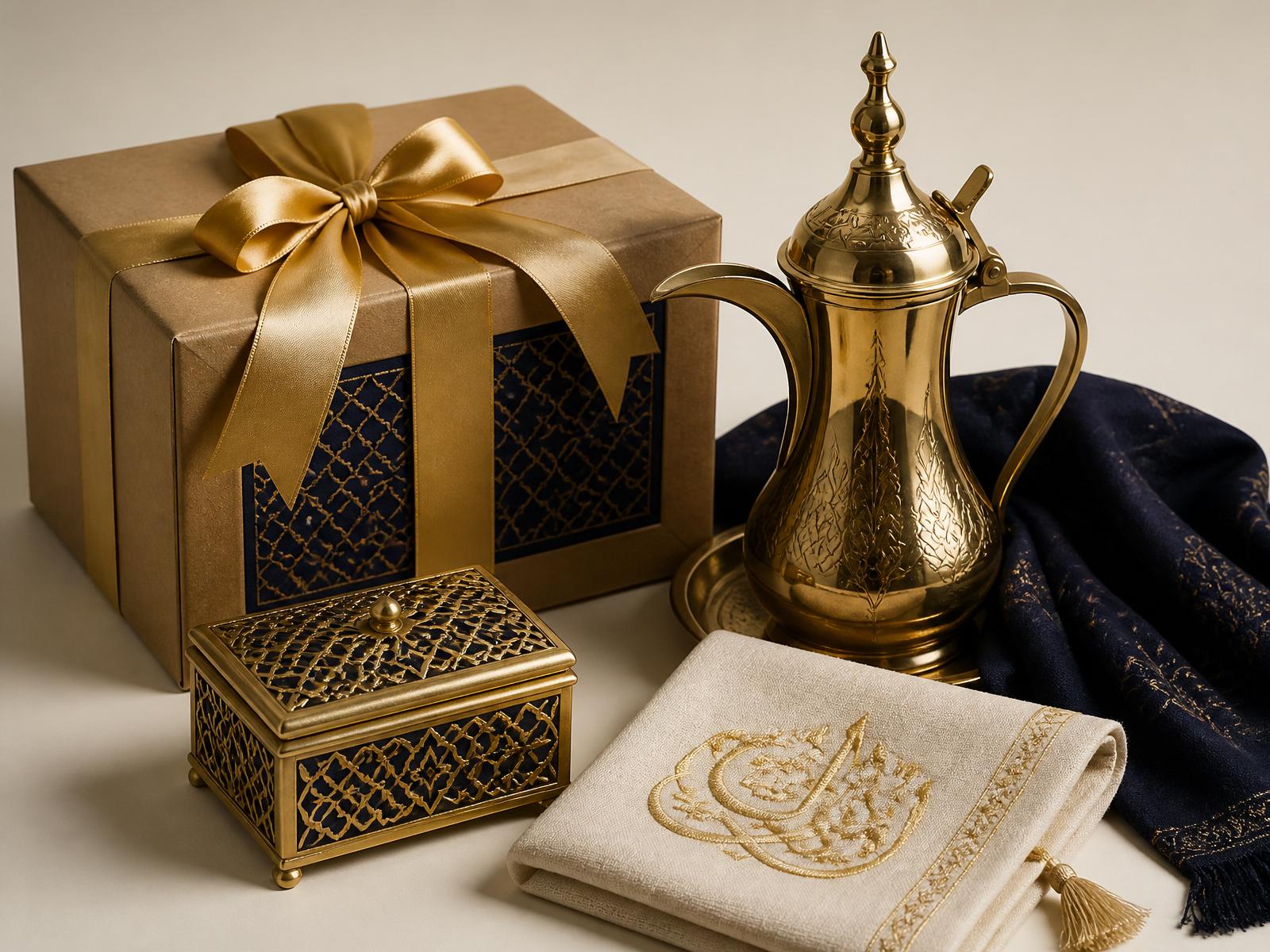 Personal gift arrangement with brass dallah and embroidered cloth.