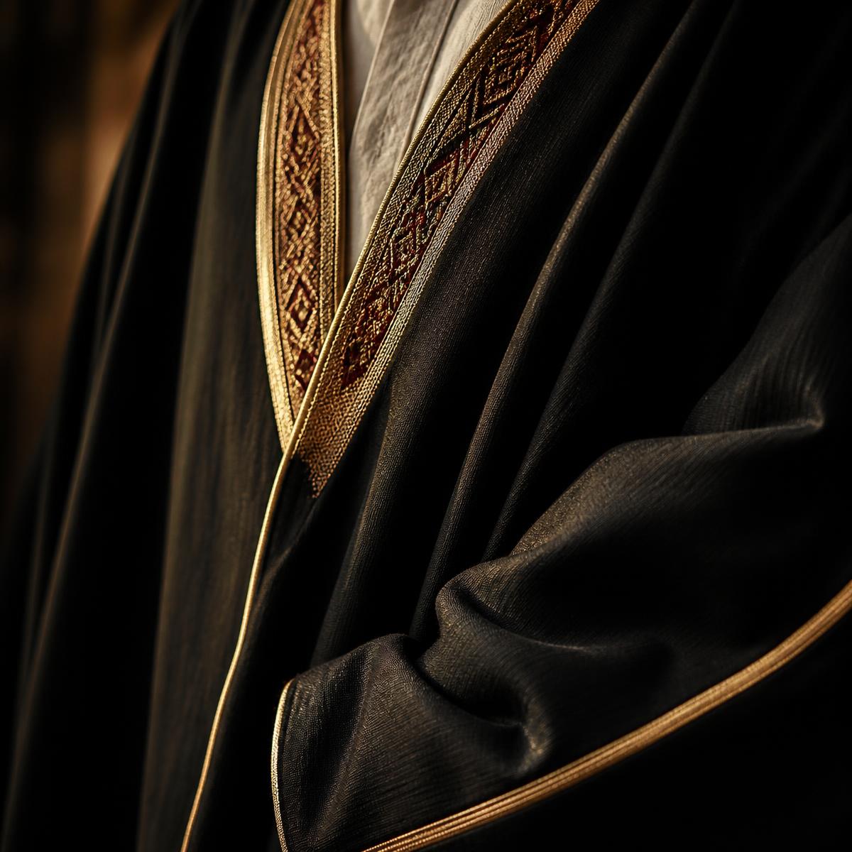Close-up of a Kuwaiti bisht with detailed gold embroidery.